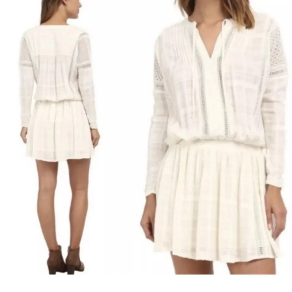 NWT FREE PEOPLE Women's White 'NOMAD' Peasant Boho Pintucked Mini Dress‎ Xs